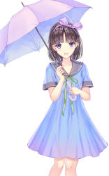 Rule 34 | 1girl, black sailor collar, blue dress, blush, bow, breasts, brown hair, collarbone, dress, green ribbon, hair bow, hairband, highres, holding, holding umbrella, looking at viewer, missile228, neck ribbon, open mouth, original, purple bow, purple eyes, purple hairband, purple umbrella, ribbon, sailor collar, sailor dress, short sleeves, simple background, small breasts, solo, umbrella, white background