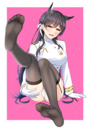 Rule 34 | 1girl, :d, absurdres, animal ears, arm support, ass, ass grab, atago (azur lane), azur lane, black hair, black thighhighs, blush, breasts, brown eyes, buttons, feet, garter straps, gloves, grabbing own ass, hair ribbon, highres, knees up, large breasts, leg up, long hair, long sleeves, looking at viewer, mole, mole under eye, no shoes, open mouth, panties, pussy, ribbon, shirouzu myuuta, sitting, smile, soles, solo, spread pussy, spread pussy under clothes, taut clothes, thighhighs, toes, underwear, uniform, very long hair, white gloves, white panties, white ribbon