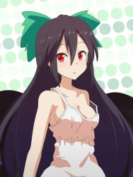 Rule 34 | 1girl, alternate costume, bird wings, black hair, black wings, blush, breasts, camisole, cato (monocatienus), cleavage, commentary request, expressionless, hair between eyes, highres, long hair, looking at viewer, medium breasts, open mouth, red eyes, reiuji utsuho, solo, strap slip, touhou, upper body, white camisole, wings