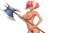 Rule 34 | 1girl, 3ping lovers! ippu nisai no sekai e youkoso, breasts, character request, fire, game cg, hadashi shoujo, hinasaki you, ino (magloid), large breasts, legs, looking at viewer, navel, nipples, pink hair, sakagami umi, short hair, smile, solo, standing, thighs, topless, transparent background, weapon, yellow eyes