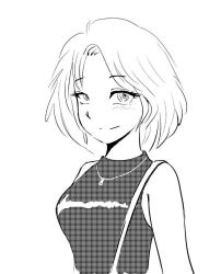 Rule 34 | 1girl, bag, bare shoulders, dithering, greyscale, jewelry, light smile, looking at viewer, machao, monochrome, necklace, original, shirt, short hair, shoulder bag, simple background, sleeveless, sleeveless shirt, smile, solo