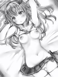 Rule 34 | 1girl, absurdres, alternate breast size, arms up, bad id, bad twitter id, blush, breasts, clothes lift, cowboy shot, dutch angle, from above, greyscale, hair ornament, highres, hololive, long hair, looking at viewer, lying, medium breasts, miniskirt, monochrome, nanashi (nlo), navel, nipples, no bra, on back, panties, panty pull, parted lips, pleated skirt, pussy, sailor collar, shirt lift, skirt, solo, star (symbol), star hair ornament, tokino sora, tokino sora (hololive summer 2019), underwear, virtual youtuber