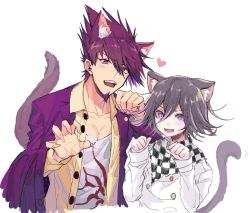 Rule 34 | 2boys, animal ear fluff, animal ears, black hair, blush, buttons, cat boy, cat ears, cat tail, checkered clothes, checkered neckwear, checkered scarf, claw pose, danganronpa (series), danganronpa v3: killing harmony, double-breasted, extra ears, facial hair, fang, hair between eyes, heart, highres, jacket, jewelry, kemonomimi mode, long sleeves, looking at viewer, male focus, momota kaito, multiple boys, nanin, open mouth, oma kokichi, paw pose, pink eyes, purple eyes, purple hair, scarf, shirt, short hair, simple background, slit pupils, smile, spiked hair, tail, upper body, white background, white shirt