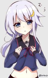 Rule 34 | 10s, 1girl, :&lt;, angry, artist name, blue eyes, breast hold, breasts, chestnut mouth, crescent, crescent hair ornament, hair ornament, hands on own chest, kantai collection, long sleeves, looking at viewer, navel, purple hair, school uniform, serafuku, short hair, short hair with long locks, simple background, solo, suishin tenra, suitenjh, sweatdrop, triangle mouth, twitter username, yayoi (kancolle)
