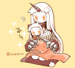 Rule 34 | 10s, 2girls, abyssal ship, ahoge, claws, colored skin, horns, kantai collection, knitting, long hair, mittens, multiple girls, northern ocean princess, orange eyes, seaport princess, single horn, translation request, twitter username, white hair, white skin, wishbone