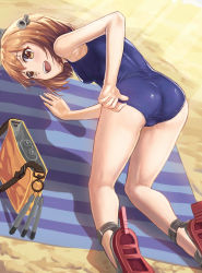 Rule 34 | 1girl, :d, armpits, ass, beach, bob cut, breasts, brown eyes, brown hair, clothes pull, competition school swimsuit, crawling, hair between eyes, highres, kantai collection, legs, medium breasts, name tag, one-piece swimsuit, one-piece swimsuit pull, open mouth, outdoors, school swimsuit, shoes, short hair, smile, solo, swimsuit, thighs, yukikaze (kancolle), yuugao