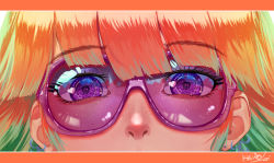 Rule 34 | 1girl, artist name, close-up, commentary, earrings, english commentary, eye focus, feather earrings, feathers, freckles, gradient hair, green hair, highres, hololive, hololive english, jewelry, kikino, looking at viewer, multicolored hair, orange hair, purple-tinted eyewear, purple-tinted glasses, purple eyes, solo, sunglasses, takanashi kiara, tinted eyewear, virtual youtuber