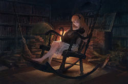Rule 34 | 1girl, bare arms, bare shoulders, barefoot, black cat, blonde hair, book, book stack, bookshelf, broom, cat, chair, commentary request, dress, fireplace, gloves, indoors, long hair, original, painting (action), headpat, portrait, rocking chair, scroll, sitting, smile, solo, white dress, you shimizu