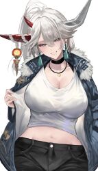 Rule 34 | 1girl, absurdres, asymmetrical horns, azur lane, breasts, chiyu1182, choker, commission, contemporary, denim, earrings, fur trim, grey hair, hair between eyes, hair on horn, hakuryuu (azur lane), highres, holding, horns, huge breasts, jacket, jeans, jewelry, long hair, looking at viewer, mismatched horns, mole, mole on breast, necklace, open clothes, open jacket, pants, red horns, shirt, solo, stomach, white eyes, white hair, white horns, white shirt