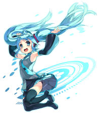 Rule 34 | 1girl, aqua eyes, aqua hair, armpits, arms up, boots, btoor, detached sleeves, floating hair, hatsune miku, highres, jumping, long hair, necktie, open mouth, skirt, solo, thigh boots, thighhighs, twintails, very long hair, vocaloid