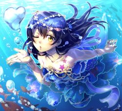 Rule 34 | 10s, 1girl, bare shoulders, blowing kiss, blue hair, bubble, collarbone, dress, fish, freediving, hair ornament, heart, highres, idol, long hair, love live!, love live! school idol festival, love live! school idol project, ocean, solo, sonoda umi, tattoo, underwater, wedo, yellow eyes