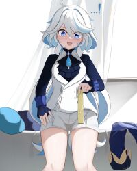 Rule 34 | !, 1girl, ahoge, blue eyes, blue hair, blush, breasts, depth measurement, furina (genshin impact), genshin impact, hair between eyes, highres, holding ruler, long hair, long sleeves, measuring, mismatched pupils, mockingeu, multicolored hair, open mouth, penis measuring, shorts, small breasts, solo, white hair, white shorts