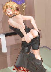 Rule 34 | 2girls, ass, bare shoulders, bike shorts, blonde hair, blush, breasts, butt crack, embarrassed, fang, green eyes, hair between eyes, highres, horns, hoshiguma yuugi, kumeringo touho, leaning, leaning forward, long hair, looking back, mizuhashi parsee, multiple girls, open mouth, parted bangs, pointy ears, shadow, short hair, single horn, skirt, surprised, touhou, undressing