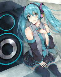 Rule 34 | 1girl, black skirt, black thighhighs, blue eyes, blue hair, blue nails, blue necktie, blush, hand on own chest, hatsune miku, highres, long hair, looking at viewer, nail polish, necktie, parted lips, rinarisa, sitting, skirt, smile, solo, subwoofer, teeth, thighhighs, tie clip, twintails, vocaloid