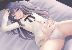 Rule 34 | 1girl, arm up, bed, black hair, blue eyes, collared shirt, frown, hair ribbon, hand on own stomach, karutamo, long hair, looking at viewer, lying, navel, neck ribbon, no pants, on back, on bed, open mouth, original, panties, partially unbuttoned, pillow, rakugaki-chan, ribbon, shirt, solo, spread legs, stomach, thighs, two side up, underwear, v-shaped eyebrows, white panties, white shirt