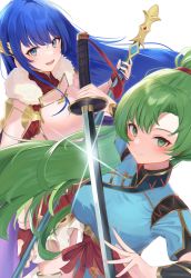 Rule 34 | 2girls, :d, absurdres, blue eyes, blue hair, blush, breasts, caeda (fire emblem), daily (daily178900), fire emblem, fire emblem: mystery of the emblem, fire emblem: the blazing blade, fire emblem heroes, green eyes, green hair, highres, holding, holding polearm, holding sword, holding weapon, large breasts, long hair, looking at viewer, lyn (fire emblem), multiple girls, nintendo, official alternate costume, open mouth, polearm, ponytail, short sleeves, simple background, skirt, smile, sword, very long hair, weapon, white background, white skirt, wing hair ornament