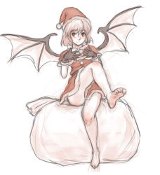 Rule 34 | 1girl, bag, barefoot, bat wings, black gloves, capelet, gloves, hat, highres, kuro suto sukii, limited palette, remilia scarlet, santa costume, santa hat, sitting, sitting on object, sketch, smile, solo, touhou, wings