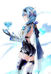 Rule 34 | 1girl, absurdres, black gloves, black hairband, black shorts, blue eyes, blue hair, breasts, eula (genshin impact), from side, genshin impact, gloves, hair ornament, hair over shoulder, hairband, highres, lianharu, long hair, long sleeves, medium breasts, profile, short shorts, shorts, shoulder blades, signature, solo, standing, thighhighs, white thighhighs, zettai ryouiki
