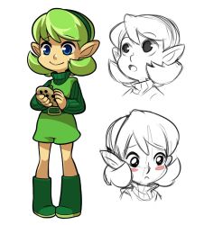 Rule 34 | 1girl, belt, blue eyes, blush stickers, boots, green footwear, green hair, hairband, instrument, mary cagle, nintendo, ocarina, saria (zelda), sketch, smile, solo, the legend of zelda, the legend of zelda: ocarina of time, turtleneck