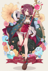 Rule 34 | 1girl, absurdres, arm up, atelier (series), atelier sophie, atelier sophie 2, blue coat, blue flower, breasts, brown eyes, brown footwear, carelier11, chinese commentary, cleavage, closed mouth, coat, commentary request, corneria (atelier), detached collar, doodle inset, dress, flask, flower, full body, hair flower, hair ornament, head scarf, highres, long sleeves, looking at viewer, pink flower, plachta, puni (atelier), red flower, red hair, red rose, rose, round-bottom flask, shoes, short dress, short hair, small breasts, smile, solo, sophie neuenmuller, sparkle, standing, standing on one leg, wide sleeves, yellow flower