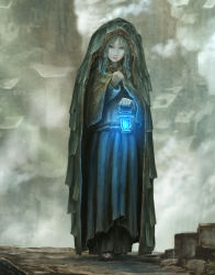 Rule 34 | 1girl, blue eyes, blue hair, cloak, fog, lantern, matching hair/eyes, original, robe, shirakaba toshiharu, solo, walking