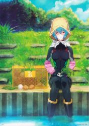 Rule 34 | 1girl, absurdres, ayanami rei, black , black bodysuit, blue hair, blue sky, bodysuit, breasts, bush, copyright name, evangelion: 3.0+1.0 thrice upon a time, farmer, food, gloves, grass, hat, highres, looking at viewer, nature, neon genesis evangelion, official art, onion, plugsuit, potato, rebuild of evangelion, red eyes, scan, simple background, sitting, sky, smile, solo, straw hat, thighs, vegetable, water, wide hips