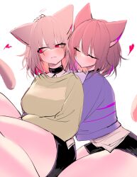 Rule 34 | 2girls, animal ears, annoyed, blue sweater, breasts, brown hair, cat, cat ears, cat girl, cat tail, chara (undertale), choker, closed eyes, frisk (undertale), green sweater, highres, hug, large breasts, looking at viewer, medium hair, multicolored hair, multiple girls, purple hair, red hair, shorts, striped, sweater, tail, thick thighs, thighs, undertale, usa37107692, wide hips