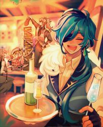 Rule 34 | 2boys, 2girls, :d, ^ ^, ahoge, alcohol, black hair, blonde hair, blurry, bottle, chef, closed eyes, commentary, cup, depth of field, diluc (genshin impact), drinking glass, elbow gloves, enpitsu01, eyepatch, food, fur scarf, genshin impact, gloves, hair between eyes, hand on own hip, highres, kaeya (genshin impact), klee (genshin impact), long hair, long sleeves, looking at viewer, low ponytail, low twintails, multiple boys, multiple girls, nun, official alternate costume, open mouth, pointy ears, ponytail, red eyes, red hair, rosaria (genshin impact), sandwich, short hair, sidelocks, smile, stool, symbol-only commentary, table, tavern, thorns, tray, twintails, waiter, waitress, wine, wine bottle, wine glass