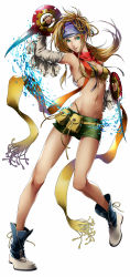Rule 34 | 00s, 1girl, bandana, bare shoulders, beads, bikini, bikini top only, blonde hair, boots, braid, dagger, detached sleeves, final fantasy, final fantasy x, final fantasy x-2, full body, green eyes, hair beads, hair ornament, hairdressing, highres, hiromyan, knife, looking at viewer, miniskirt, multiple braids, navel, rikku (ff10), scarf, simple background, skirt, smile, solo, stomach, swimsuit, thong, water, weapon