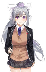 Rule 34 | 1girl, absurdres, black jacket, blue necktie, blush, bow, breasts, buttons, cardigan, closed mouth, collared shirt, cowboy shot, grey hair, hair between eyes, hair bow, hair ornament, hairclip, highres, higuchi kaede, higuchi kaede (1st costume), jacket, kanniiepan, large breasts, long hair, long sleeves, looking at viewer, medium breasts, miniskirt, necktie, nijisanji, ponytail, purple eyes, shirt, sidelocks, simple background, skirt, sleeves past wrists, smile, solo, standing, thighs, very long hair, virtual youtuber, white background, white bow, wing collar