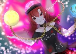 Rule 34 | 1girl, backlighting, bare shoulders, black shirt, blurry, blurry background, breasts, chain, clothes writing, collarbone, dutch angle, earth (ornament), eyebrows hidden by hair, gold chain, grin, hair between eyes, hands up, hecatia lapislazuli, highres, long hair, looking at viewer, majime joe, moon (ornament), multicolored clothes, multicolored skirt, off-shoulder shirt, off shoulder, plaid, plaid skirt, red eyes, red hair, shirt, short sleeves, skirt, small breasts, smile, solo, touhou, upper body
