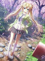 Rule 34 | 1girl, absurdres, amano hotaru, black skirt, blazer, blonde hair, blue eyes, blue necktie, blurry, bow, brown footwear, buttons, cherry blossoms, collared shirt, day, depth of field, dress shirt, dutch angle, frown, full body, grass, green jacket, hair between eyes, hair bow, hair ornament, hairclip, hand on own hip, highres, jacket, japanese postal mark, kneehighs, loafers, long hair, long sleeves, looking at viewer, mailbox (incoming mail), miniskirt, nature, necktie, open clothes, open jacket, outdoors, path, petals, pleated skirt, road, shirt, shoes, skirt, socks, solo, standing, stepping stones, sunlight, supipara, tree, twintails, white shirt, white socks, yuuki tatsuya