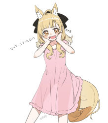 1girl :d aged_down animal_ears arknights black_bow blemishine_(arknights) blonde_hair bow cowboy_shot dress extra_ears hair_bow hands_on_own_face horse_ears horse_girl horse_tail long_hair open_mouth pink_dress ponytail see-through_clothes see-through_dress see-through_silhouette seto_tinami short_sleeves sidelocks simple_background smile solo tail teeth white_background