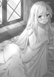 Rule 34 | 1girl, ahoge, ass, bed sheet, blush, breasts, cleavage, collarbone, completely nude, greyscale, hair between eyes, highres, long hair, looking at viewer, mishima kurone, monochrome, naked sheet, navel, novel illustration, nude, official art, open mouth, rokudenashi majutsu koushi to akashic record, shiny skin, sistine fibel, small breasts, solo, sweatdrop, very long hair