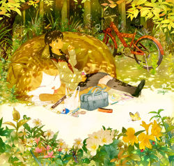 Rule 34 | 1girl, ame (conronca), animal, bag, bicycle, black hair, black socks, book, bubble, blowing bubbles, bug, butterfly, candy, cat, caterpillar, daisy, dappled sunlight, flower, food, grass, highres, insect, kneehighs, ladybug, legs together, loafers, long sleeves, looking away, mechanical pencil, nature, neckerchief, notebook, original, oversized animal, pencil, plastic bag, pleated skirt, school bag, school uniform, serafuku, shoes, sitting, skirt, sleeves past wrists, socks, solo, sunlight, sweater, tongue, tongue out