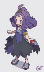 Rule 34 | 1girl, :d, acerola (pokemon), armlet, blue dress, commentary, creatures (company), dress, flip-flops, flipped hair, full body, game freak, grey dress, hair ornament, hairclip, hiisu (s-1104-d), holding, holding poke ball, medium hair, multicolored clothes, multicolored dress, nintendo, open mouth, poke ball, poke ball (basic), pokemon, pokemon sm, purple hair, sandals, short sleeves, smile, solo, standing, stitches, toes, tongue, topknot, torn clothes, torn dress