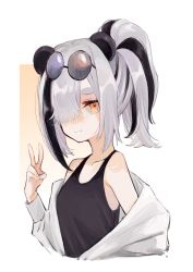 Rule 34 | aaoshigatoutoi, arknights, bare shoulders, black-framed eyewear, black hair, black tank top, breasts, closed mouth, collarbone, commentary request, cropped torso, eyewear on head, feater (arknights), grey hair, hair over one eye, hand up, highres, jacket, long sleeves, looking at viewer, multicolored hair, off shoulder, open clothes, open jacket, orange eyes, ponytail, puffy long sleeves, puffy sleeves, round eyewear, sidelocks, small breasts, streaked hair, tank top, thick eyebrows, upper body, v, white jacket