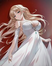 Rule 34 | 1girl, blonde hair, blush, breasts, cleavage, closed mouth, detached sleeves, dress, earrings, floating hair, gold trim, green eyes, highres, iamahri1994, jewelry, large breasts, long hair, looking at viewer, original, pointy ears, skirt hold, solo, strapless, strapless dress, white dress