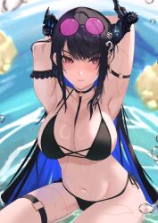 Rule 34 | 1girl, absurdres, arm strap, armpits, arms up, bikini, black bikini, black choker, black hair, blue hair, breasts, choker, cleavage, colored inner hair, eyewear on head, highres, hololive, hololive english, horns, large breasts, long hair, looking at viewer, mole, mole under eye, multicolored hair, navel, nerissa ravencroft, otapic, parted lips, red eyes, sitting, solo, stomach, sunglasses, swimsuit, thigh strap, thighs, two-tone hair, v-shaped eyebrows, very long hair, virtual youtuber, water, wet