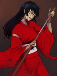 Rule 34 | 1girl, bandaged hand, bandages, black eyes, black hair, brown background, commentary request, highres, holding, japanese clothes, kakone, kimono, long hair, long sleeves, original, red kimono, sash, scar, scar across eye, scar on face, solo, wide sleeves