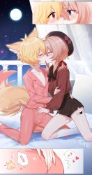 Rule 34 | !, +++ (artist), 2boys, animal ears, ass grab, beret, blonde hair, blush, bulge, censored, closed eyes, commission, covered penis, covered testicles, erection, erection under clothes, eye contact, fox ears, fox tail, full moon, hand on another&#039;s hip, hat, heart, heart-shaped pupils, highres, kiss, leg tattoo, light brown hair, looking at another, male focus, moon, multiple boys, musical note, night, night sky, original, pajamas, pectorals, pointless censoring, short hair, short shorts, shorts, skeb commission, sky, spoken exclamation mark, spoken musical note, symbol-shaped pupils, tail, tattoo, trap, trap on trap, yaoi