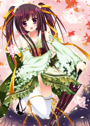 Rule 34 | 1girl, :d, bad id, bad pixiv id, blush, bug, butterfly, collarbone, detached sleeves, fang, frilled sleeves, frills, full body, hair ribbon, hairband, highres, himemiya niina, holding, holding umbrella, insect, leaf, leaf print, long hair, looking at viewer, maple leaf, no panties, oil-paper umbrella, open mouth, original, pink eyes, purple hair, ribbon, ribbon-trimmed sleeves, ribbon trim, sandals, smile, solo, teeth, thighhighs, twintails, umbrella, vocaloid, white thighhighs