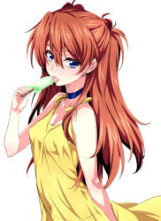 Rule 34 | 1girl, arm at side, bare shoulders, blue eyes, bow, breasts, choker, cleavage, covered navel, dress, eating, food, hair between eyes, hair ornament, hand up, highres, holding, holding food, long hair, looking at viewer, nakahira guy, neon genesis evangelion, no bra, orange hair, pantylines, parted bangs, popsicle, see-through, simple background, sketch, small breasts, solo, souryuu asuka langley, straight hair, sundress, tongue, tongue out, twintails, two side up, upper body, very long hair, white background, yellow dress