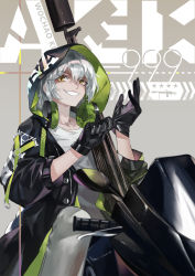 Rule 34 | 1girl, aek-999, aek-999 (babe driver) (girls&#039; frontline), aek-999 (girls&#039; frontline), black gloves, black jacket, character name, general-purpose machine gun, girls&#039; frontline, gloves, gun, headphones, headphones around neck, highres, holding, holding clothes, holding gloves, hood, hooded jacket, jacket, jiji (pixiv10646874), long hair, looking at viewer, machine gun, motor vehicle, motorcycle, official alternate costume, open clothes, open jacket, pants, shirt, silver hair, simple background, sitting, smile, solo, suppressor, weapon, white pants, white shirt, yellow eyes