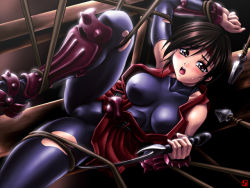Rule 34 | 1girl, :o, armor, armored boots, bdsm, black bodysuit, bodysuit, bondage, boots, bound, breasts, brown hair, covered erect nipples, dagger, holding, holding weapon, impossible clothes, kagehara hanzou, knee boots, knife, large breasts, leg up, looking at viewer, lying, ninja, on back, open mouth, original, restrained, short hair, skin tight, solo, weapon