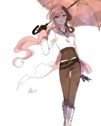 Rule 34 | 1girl, black gloves, boots, breasts, brown eyes, brown hair, character name, cleavage, contrapposto, cropped jacket, gigaslash, gloves, heterochromia, long hair, matching hair/eyes, multicolored hair, neo politan, pink eyes, pink hair, rwby, simple background, sketch, solo, split-color hair, standing, thigh gap, umbrella, white background