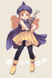 Rule 34 | 1girl, alena (dq4), amezawa koma, beige background, belt, black belt, black pantyhose, blue cape, blue hat, boots, cape, claws, commentary, copyright name, copyright request, curly hair, dragon quest, dragon quest iv, dress, earrings, full body, gauntlets, gloves, hat, highres, jewelry, loincloth, long hair, looking at viewer, medium dress, open mouth, orange hair, pantyhose, red eyes, simple background, skirt, sleeveless, sleeveless dress, slime (dragon quest), smile, solo, standing, yellow dress, yellow footwear, yellow gloves, yellow skirt