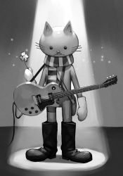 Rule 34 | animal ears, bag, boots, bump of chicken, cat, cat ears, character request, electric guitar, flower, full body, gibson les paul, greyscale, guitar, holding, holding flower, hungry clicker, instrument, looking down, monochrome, scarf, solo, spotlight, standing, striped clothes, striped scarf, whiskers