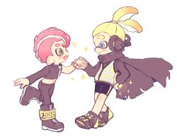 Rule 34 | 2boys, :d, agent 3 (splatoon), agent 8 (splatoon), bike shorts, black cape, black footwear, black jacket, black pants, black shirt, blonde hair, blue eyes, boots, cape, closed mouth, commentary request, cropped shirt, fang, full body, green eyes, headphones, highres, holding hands, inkling, inkling boy, inkling player character, jacket, male focus, mei tyan n, midriff, mohawk, multiple boys, navel, nintendo, octoling, octoling boy, octoling player character, open mouth, pants, red hair, shirt, shoes, short hair, simple background, single sleeve, smile, sparkle, splatoon (series), splatoon 1, splatoon 2, splatoon 2: octo expansion, tentacle hair, thick eyebrows, topknot, torn cape, torn clothes, vest, white background