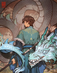 Rule 34 | 1boy, brown hair, chinese clothes, chinese zodiac, dragon, eastern dragon, embroidered, from behind, highres, holding, holding staff, looking at viewer, looking back, original, sash, seal impression, staff, standing, velinxi, year of the dragon
